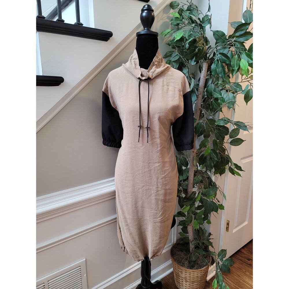 Zara Basic Hoodie Dress Womens Small Beige Black Short Sleeve Casual Streetwear